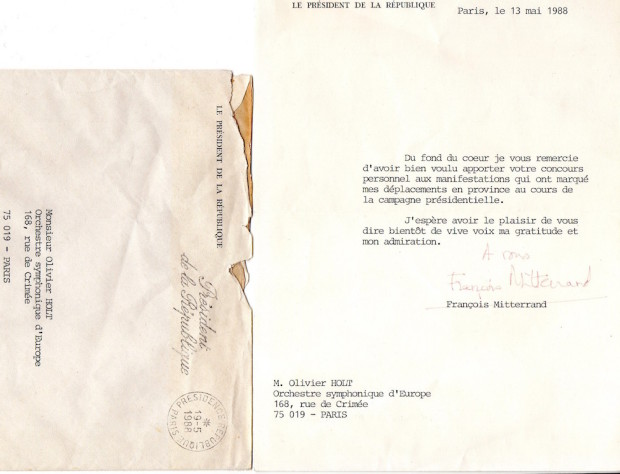 13 mai 1988 - Lettre de François Mitterrand à Olivier Hot, chef de l'Orchestre Symphonique d'Europe